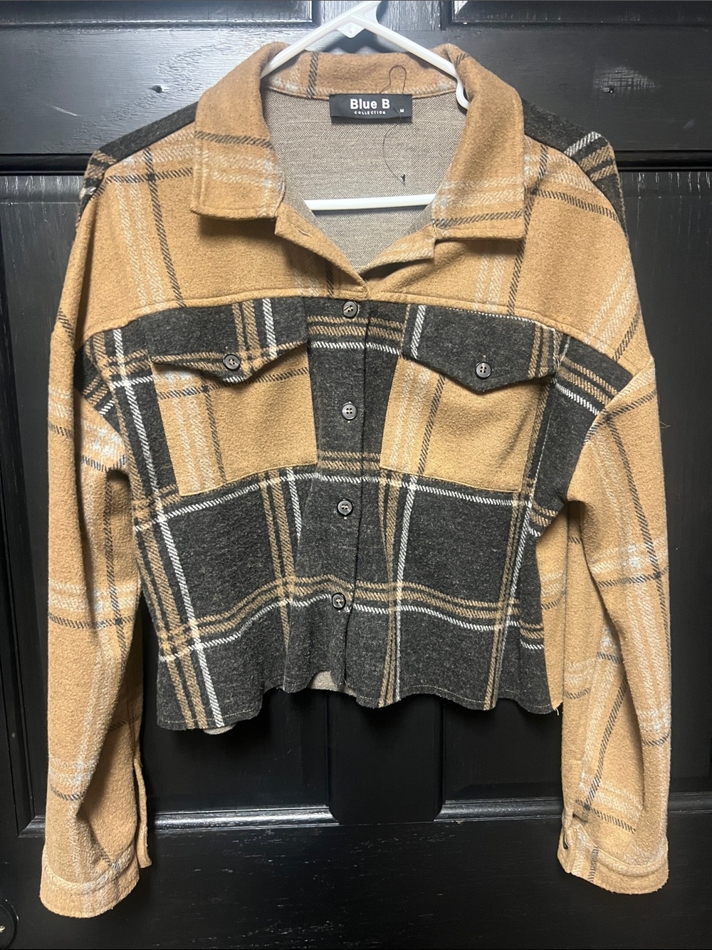 Blue B Plaid Cropped Shacket - Tan & Dark Gray
